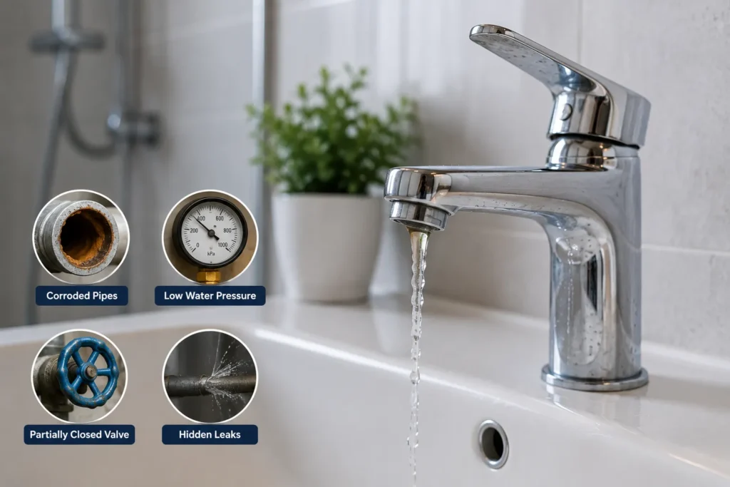 Homeowner testing a kitchen tap with low water pressure while a professional plumber assesses the plumbing system in Melbourne.
