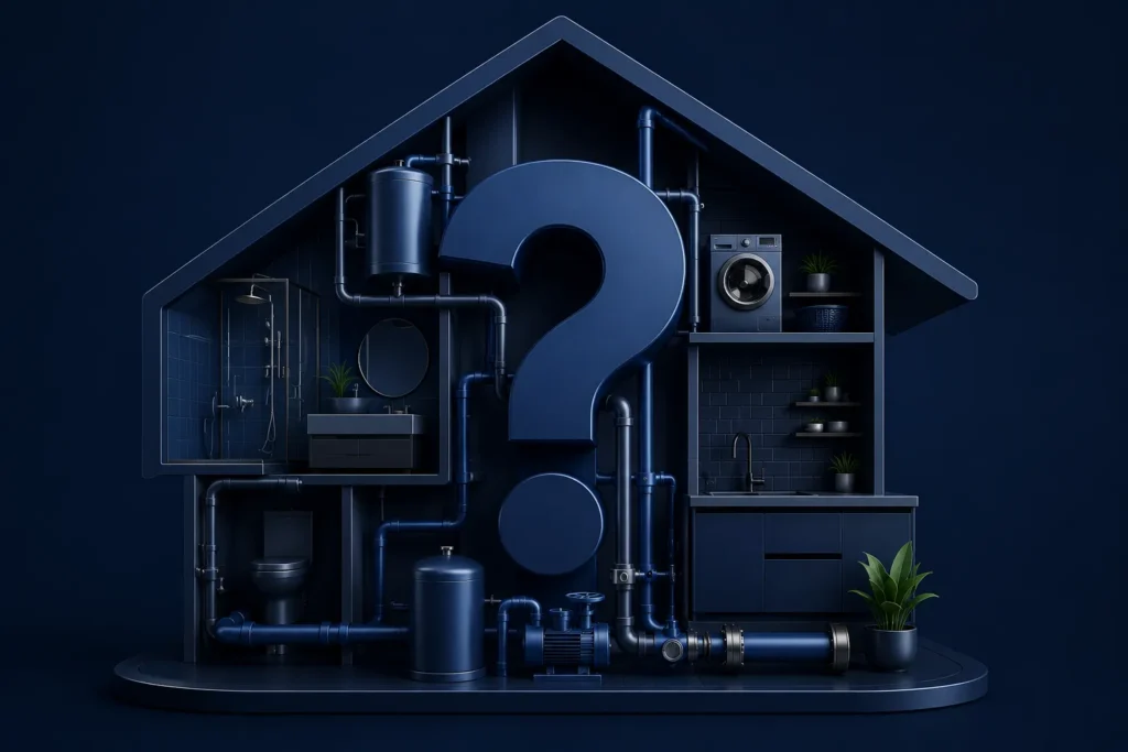 Plumb Construct smart home plumbing system illustration with modern residential water pipes for plumbing FAQs, maintenance, repairs, and emergency plumbing services in Melbourne.