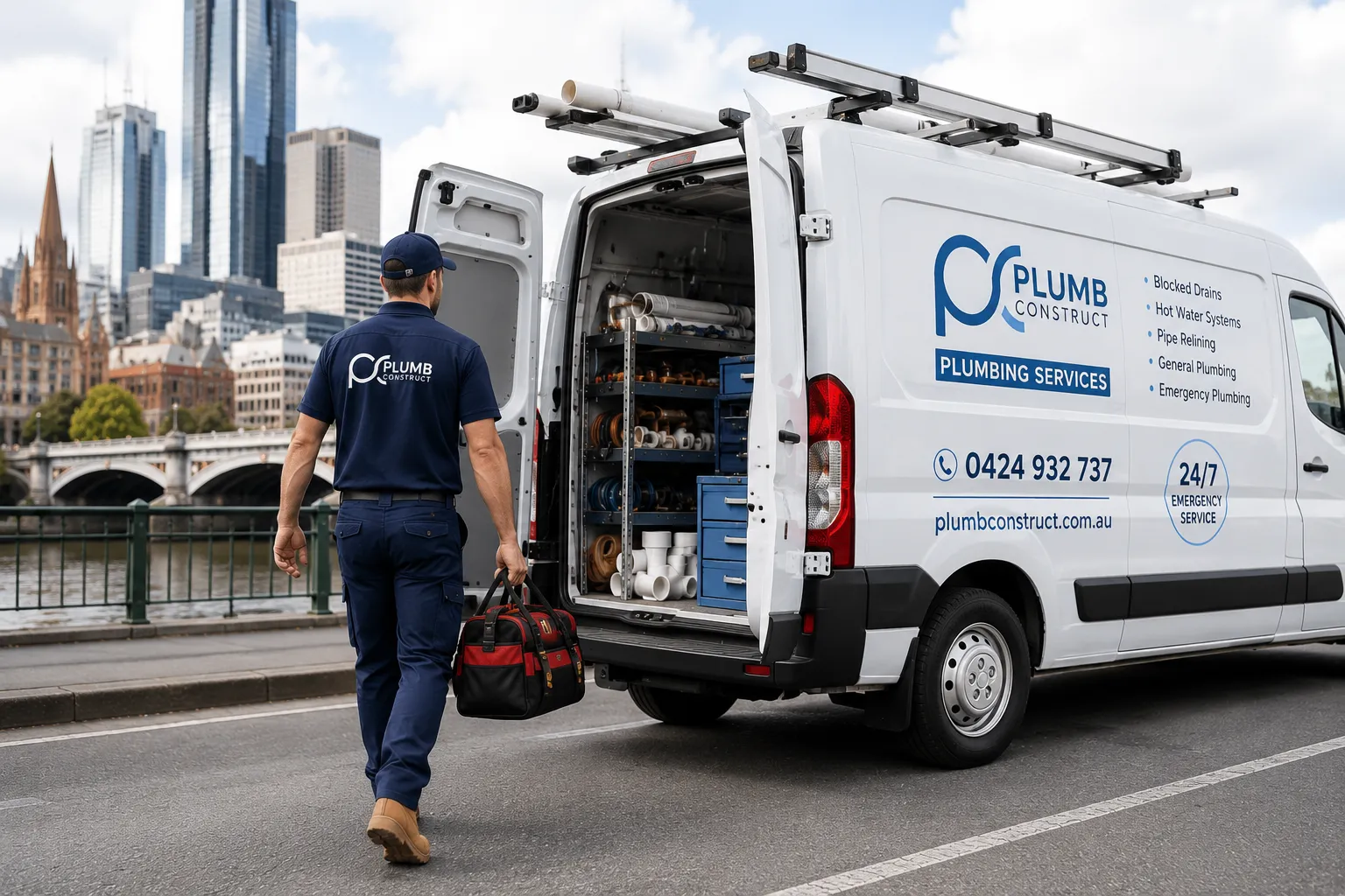Licensed Melbourne plumber with Plumb Construct service van providing emergency and general plumbing services