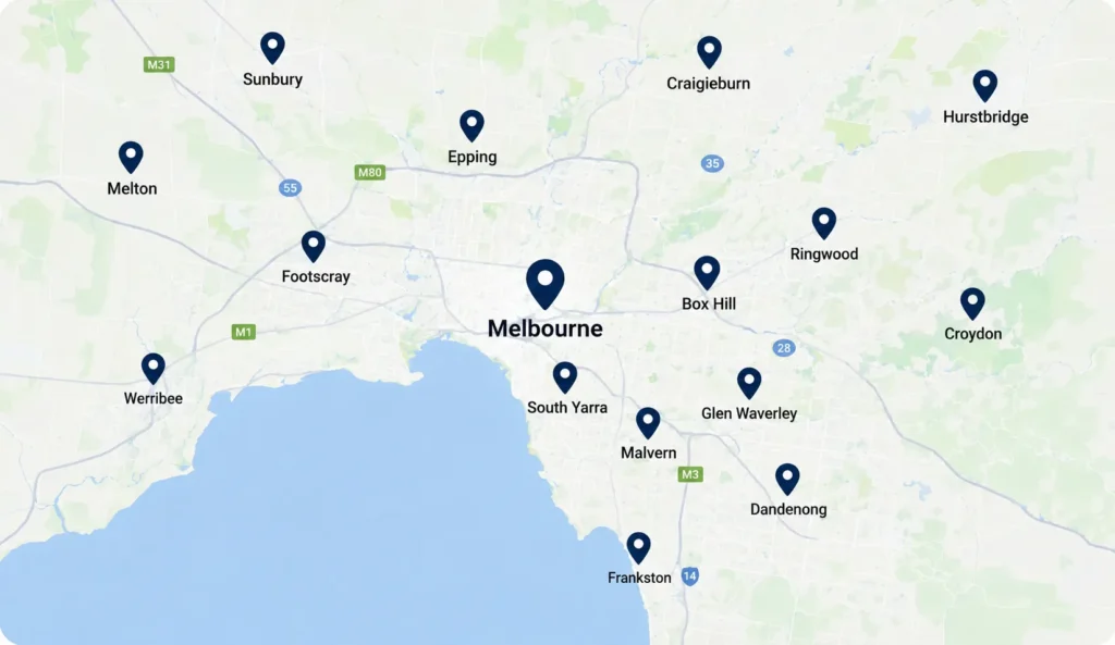Map of Melbourne suburbs showing Plumb Construct plumbing service areas including Box Hill, South Yarra, Dandenong, Malvern and Croydon