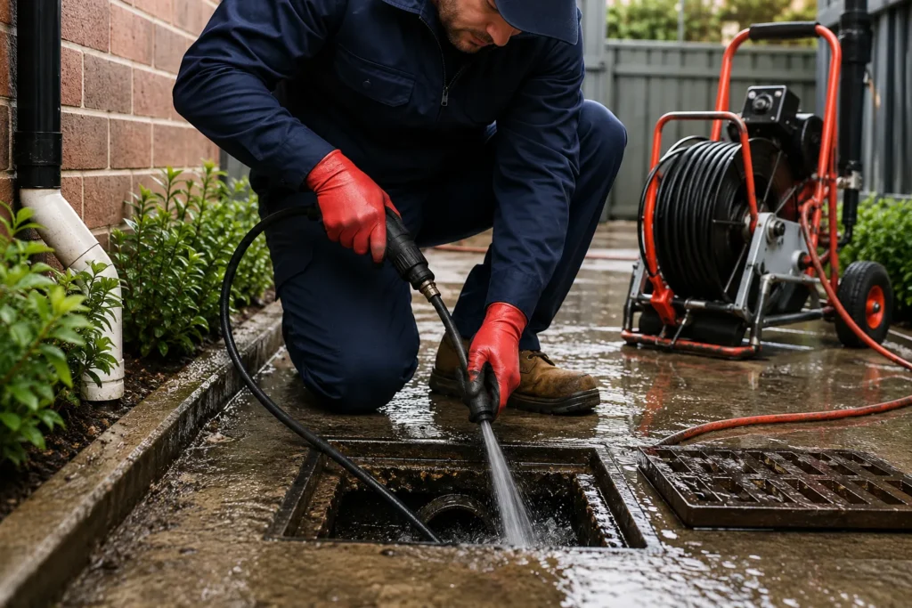 Licensed Melbourne plumber using high-pressure water jetting equipment to repair a blocked drain at a residential property