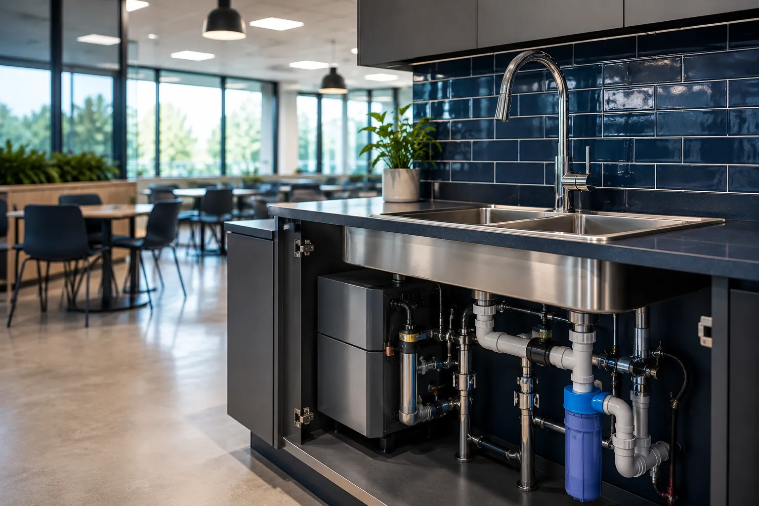 Commercial plumber servicing kitchen plumbing in a Melbourne café