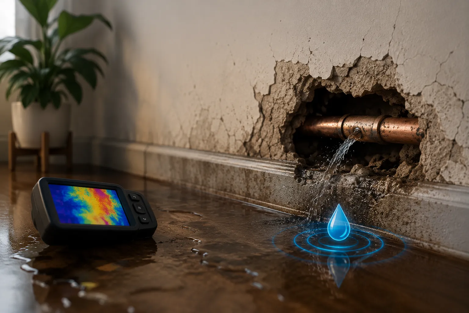 Licensed Melbourne plumber using professional leak detection equipment to locate a hidden water leak inside a residential property
