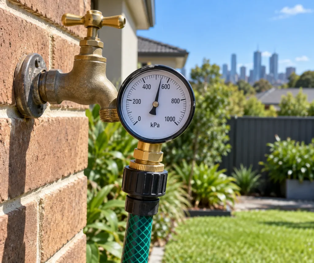 Pressure gauge fitted to a garden tap showing mains water pressure at a Melbourne property