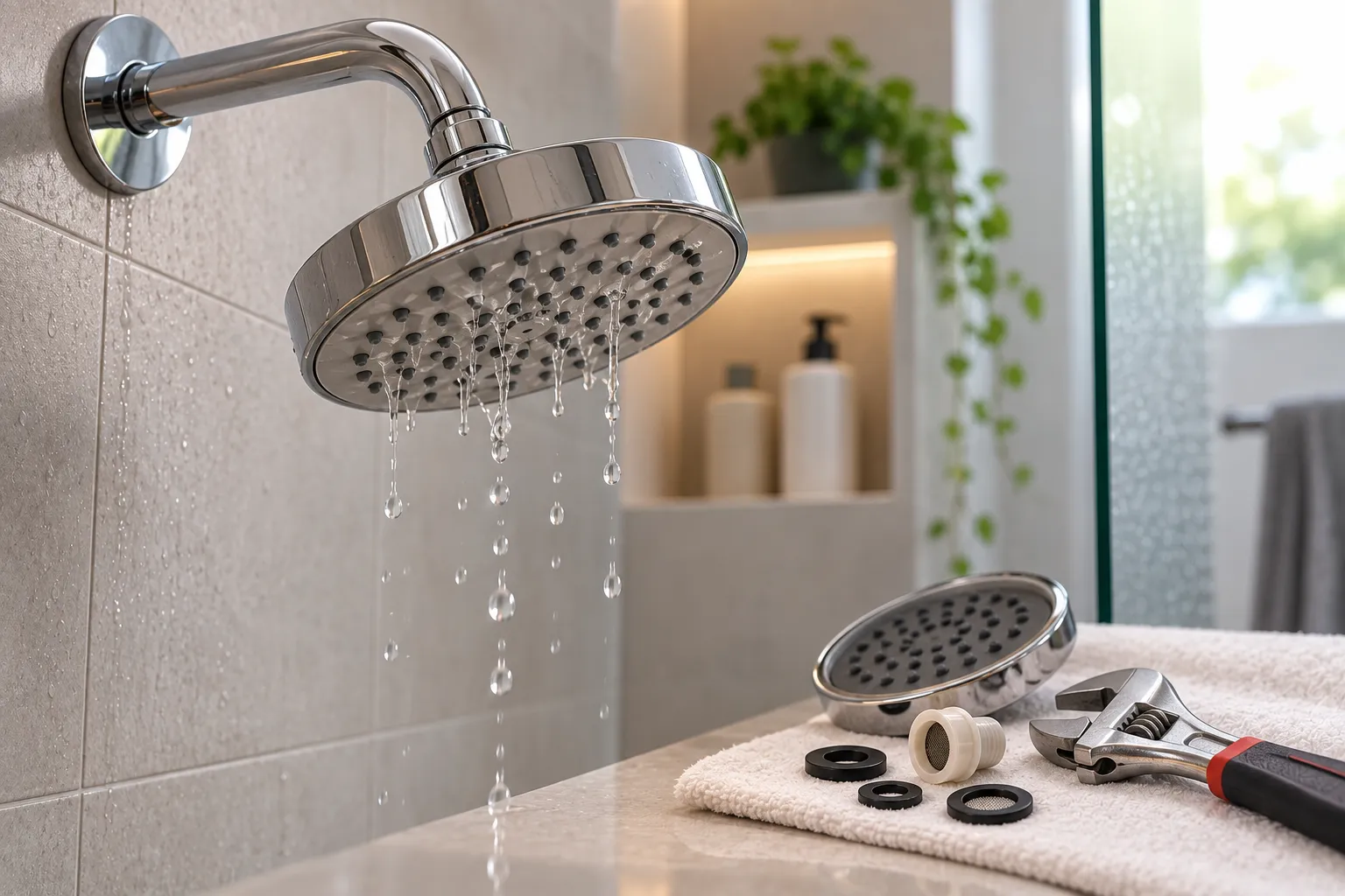Leaking chrome shower head with replacement washers and plumbing tools
