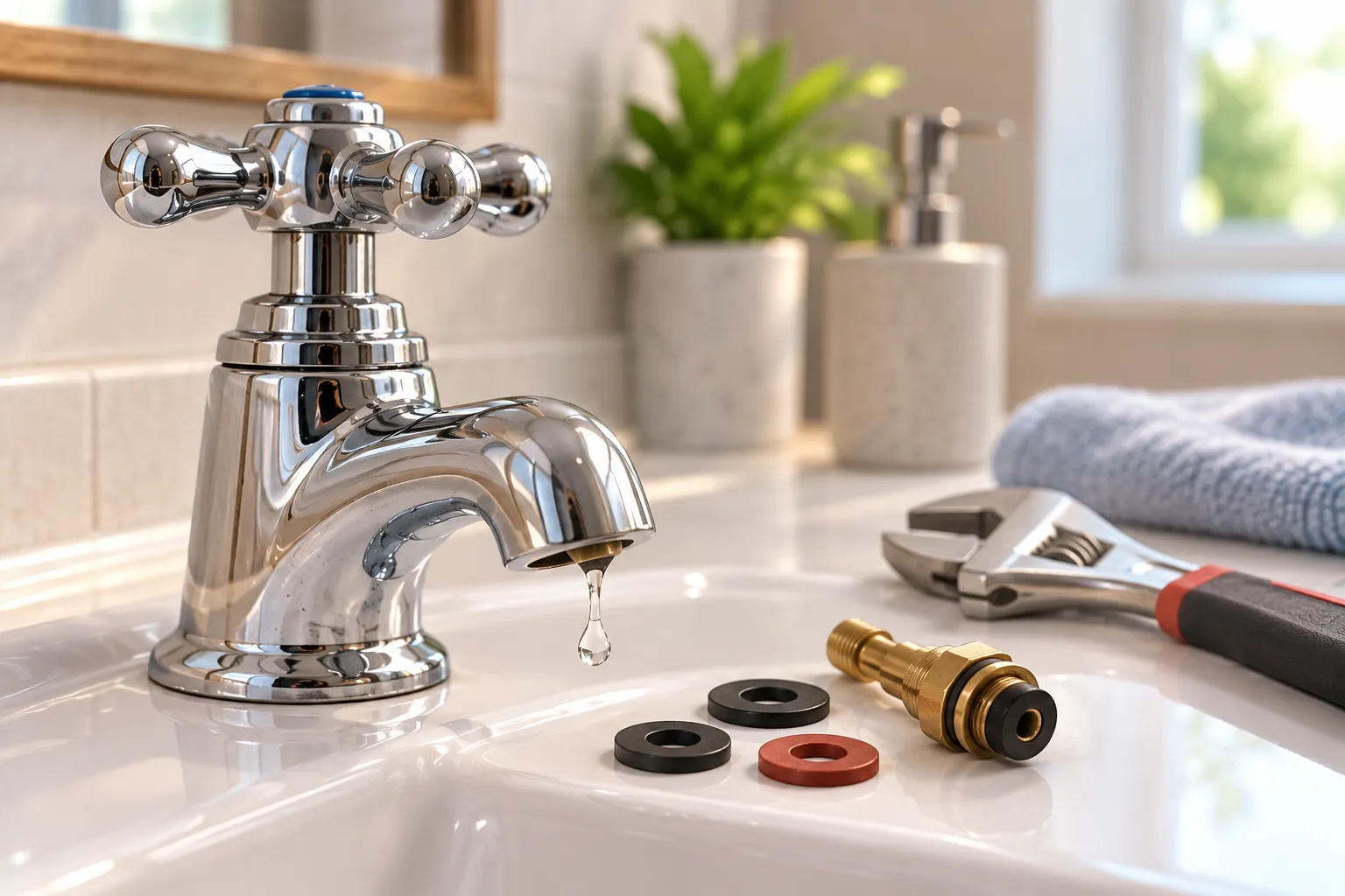 Chrome tap with replacement washers and plumbing tools for fixing a dripping tap