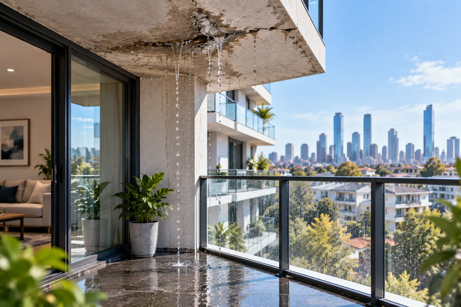 Water damage on a Melbourne apartment balcony ceiling below a failed waterproofing membrane
