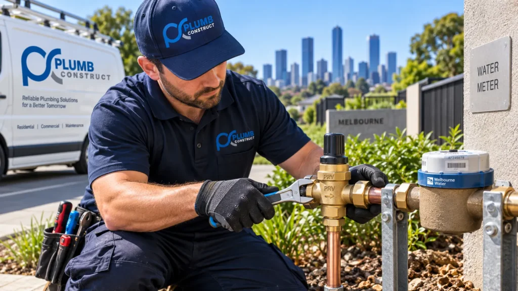 Plumb Construct plumber installing a pressure limiting valve at a Melbourne water meter