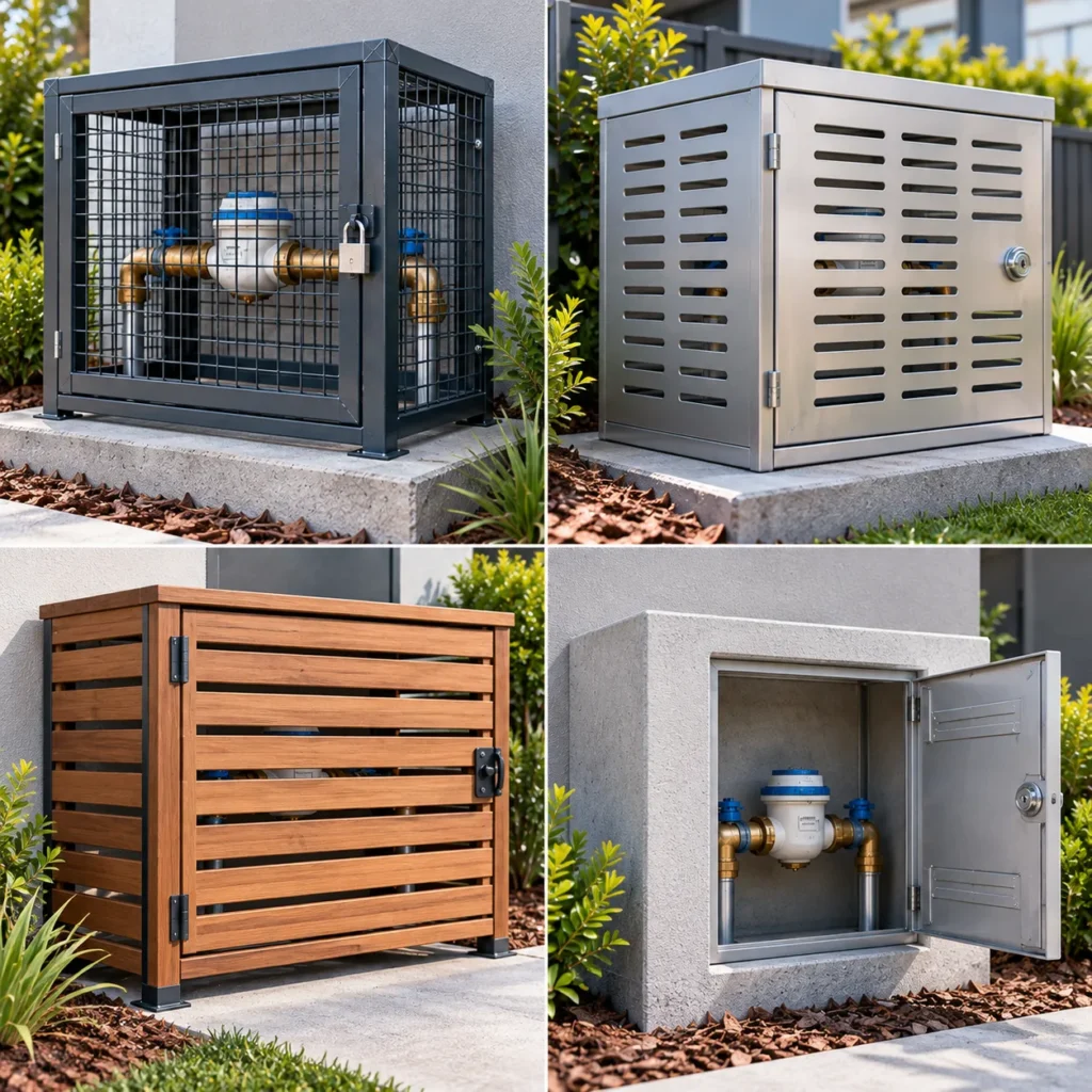 Steel water meter cage protecting a residential gas and water meter assembly