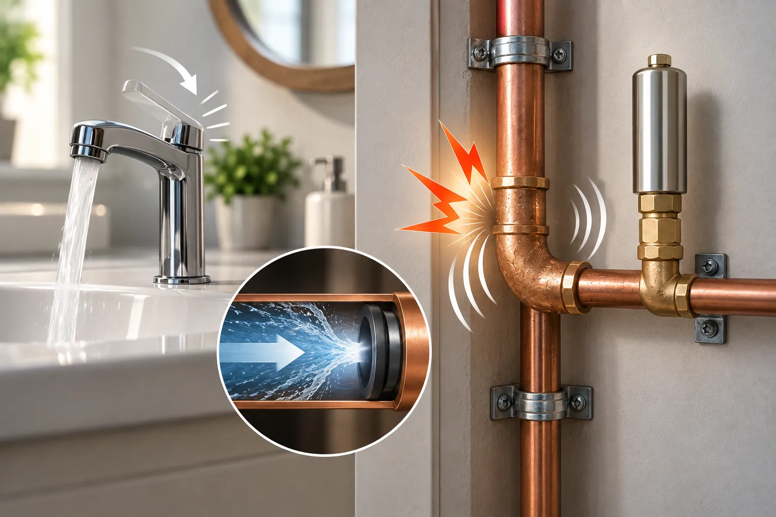 Copper pipes showing water hammer caused by sudden water pressure changes