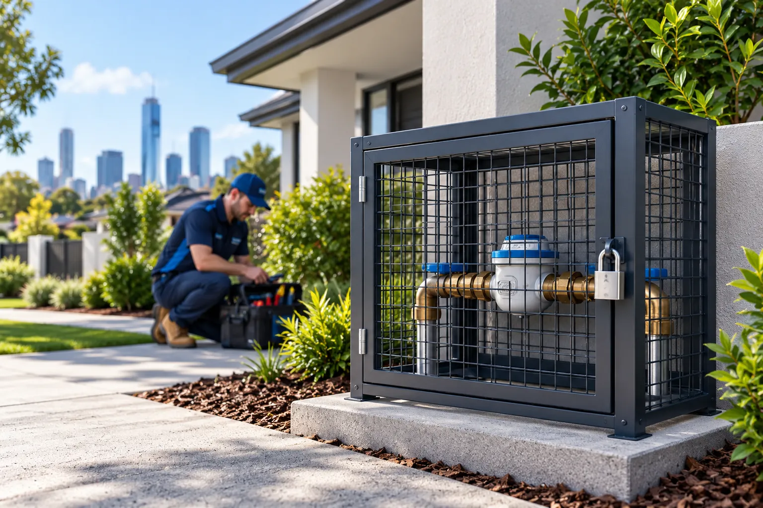 Water meter cage installed outside a Melbourne property to prevent theft and damage