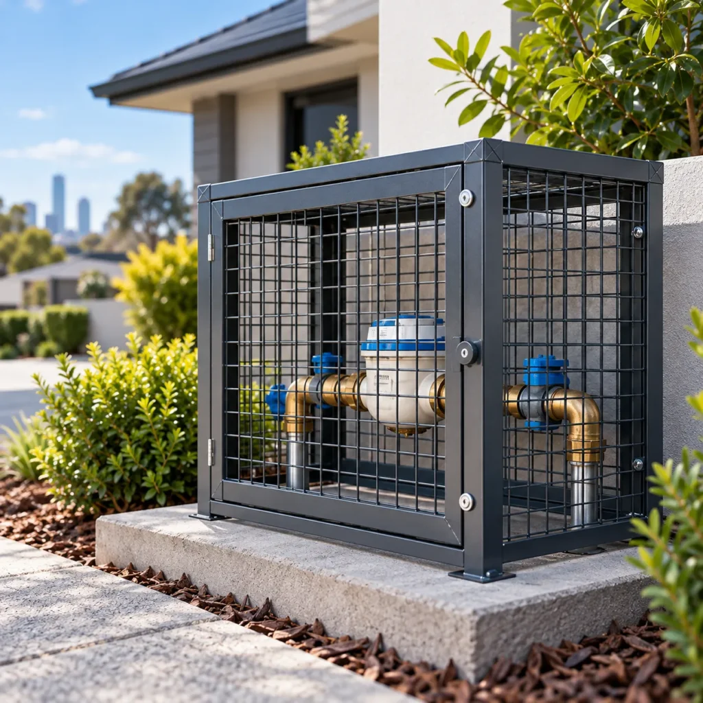 Close-up of a lockable water meter cage protecting a residential water meter