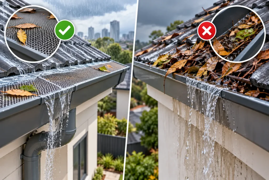 Gutter blocked with leaves and debris causing water to overflow behind the fascia