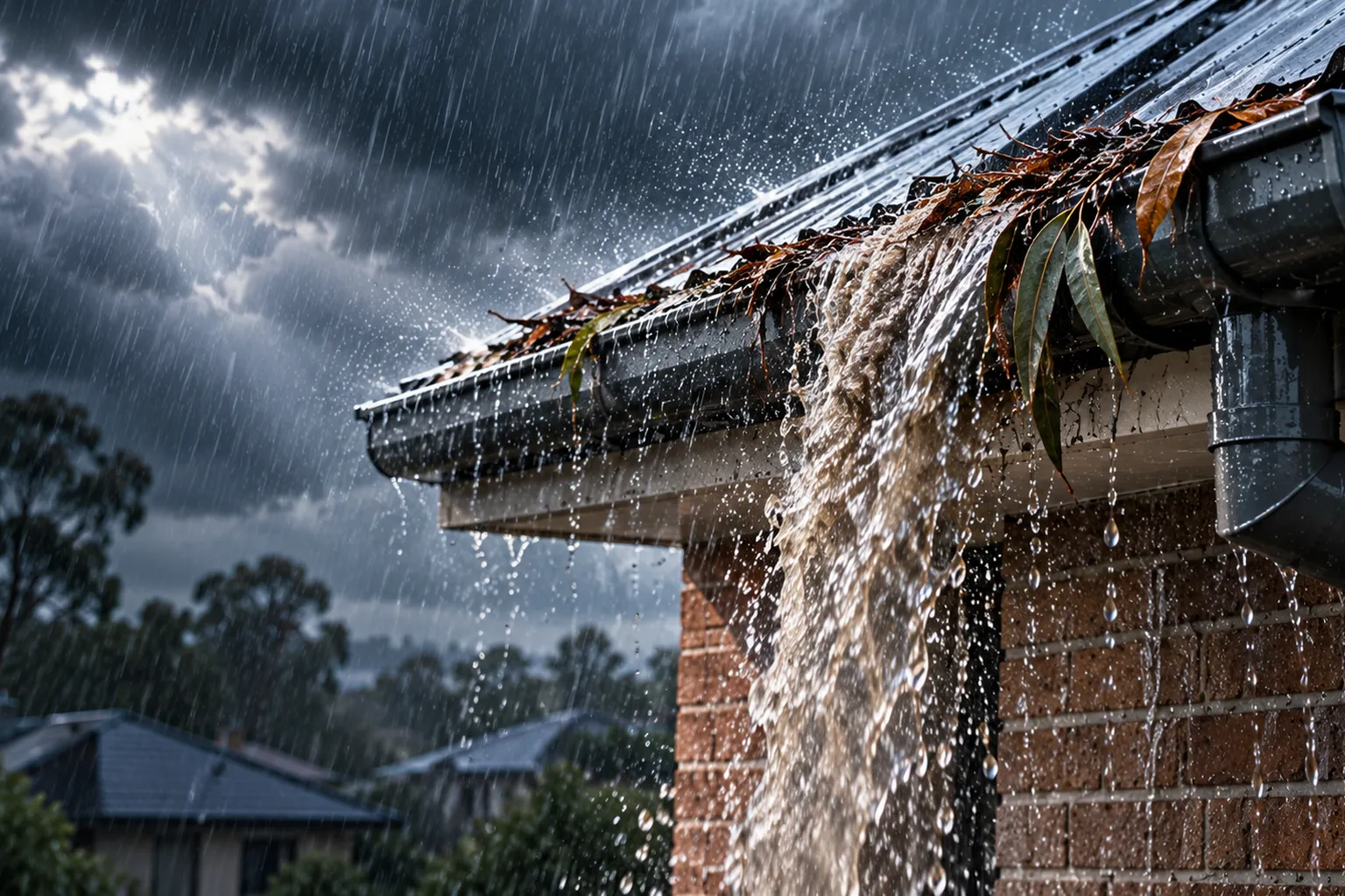 Overflowing gutter during heavy rain on a Melbourne home