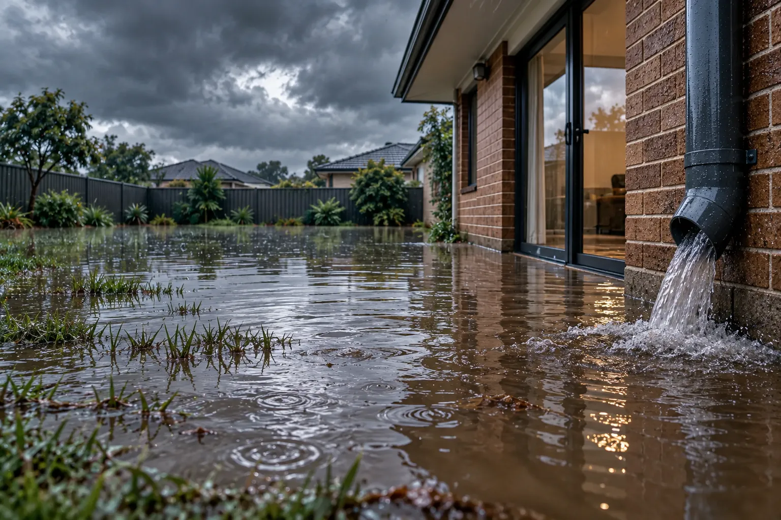 Water pooling on a lawn beside a Melbourne home after heavy rain