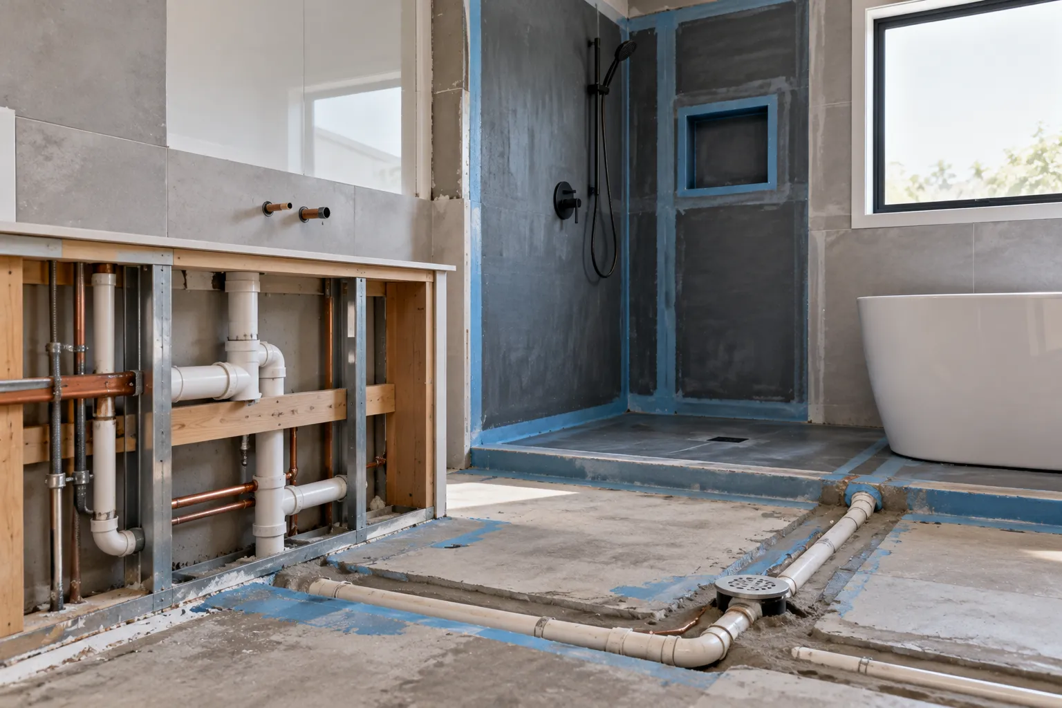 Melbourne bathroom stripped back to the studs with new plumbing rough-in before waterproofing