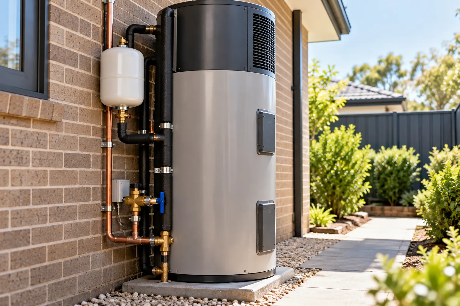 Heat pump hot water unit installed beside a Melbourne home with clearance for airflow and a condensate drain