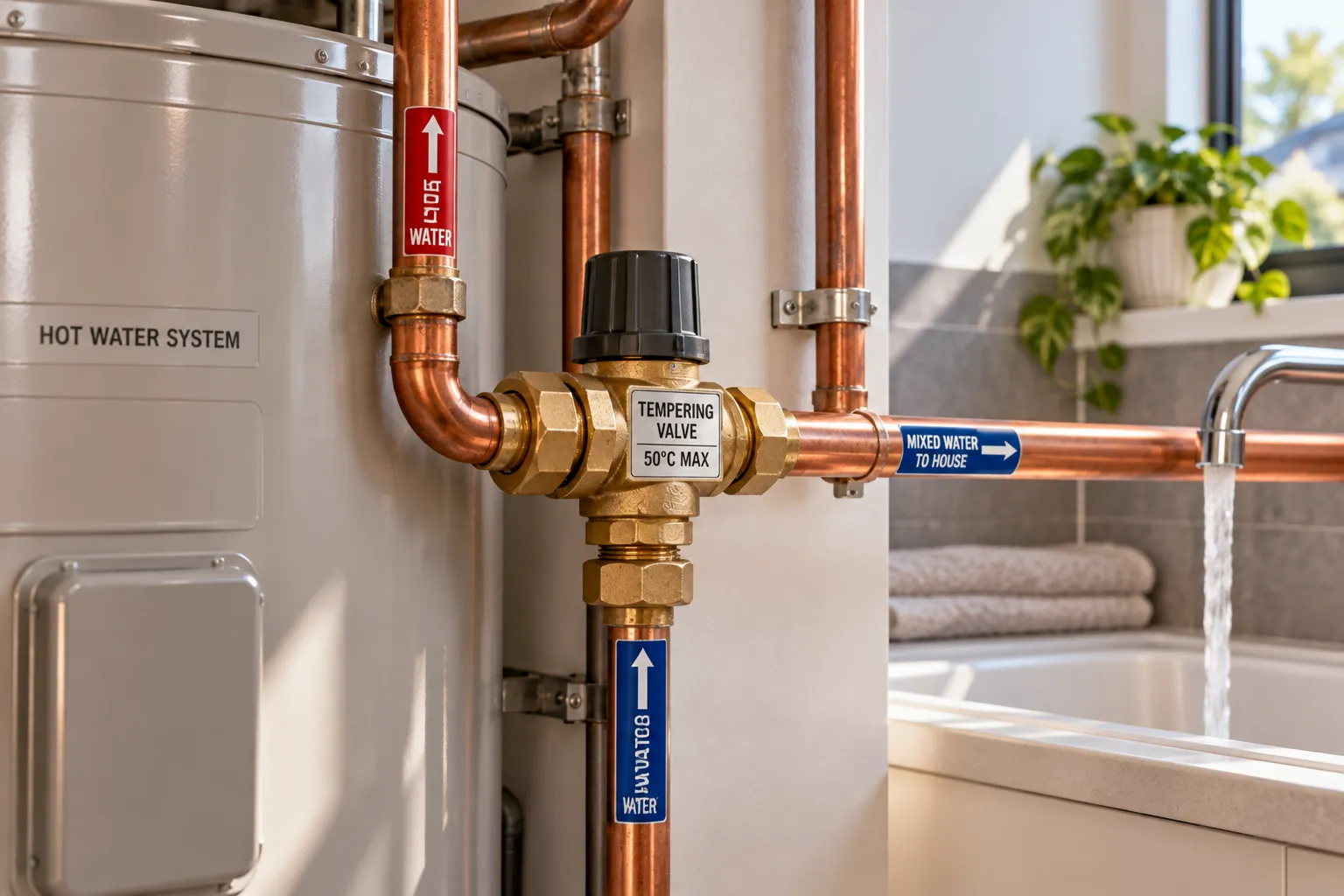 Brass tempering valve installed on the pipework at a Melbourne hot water system