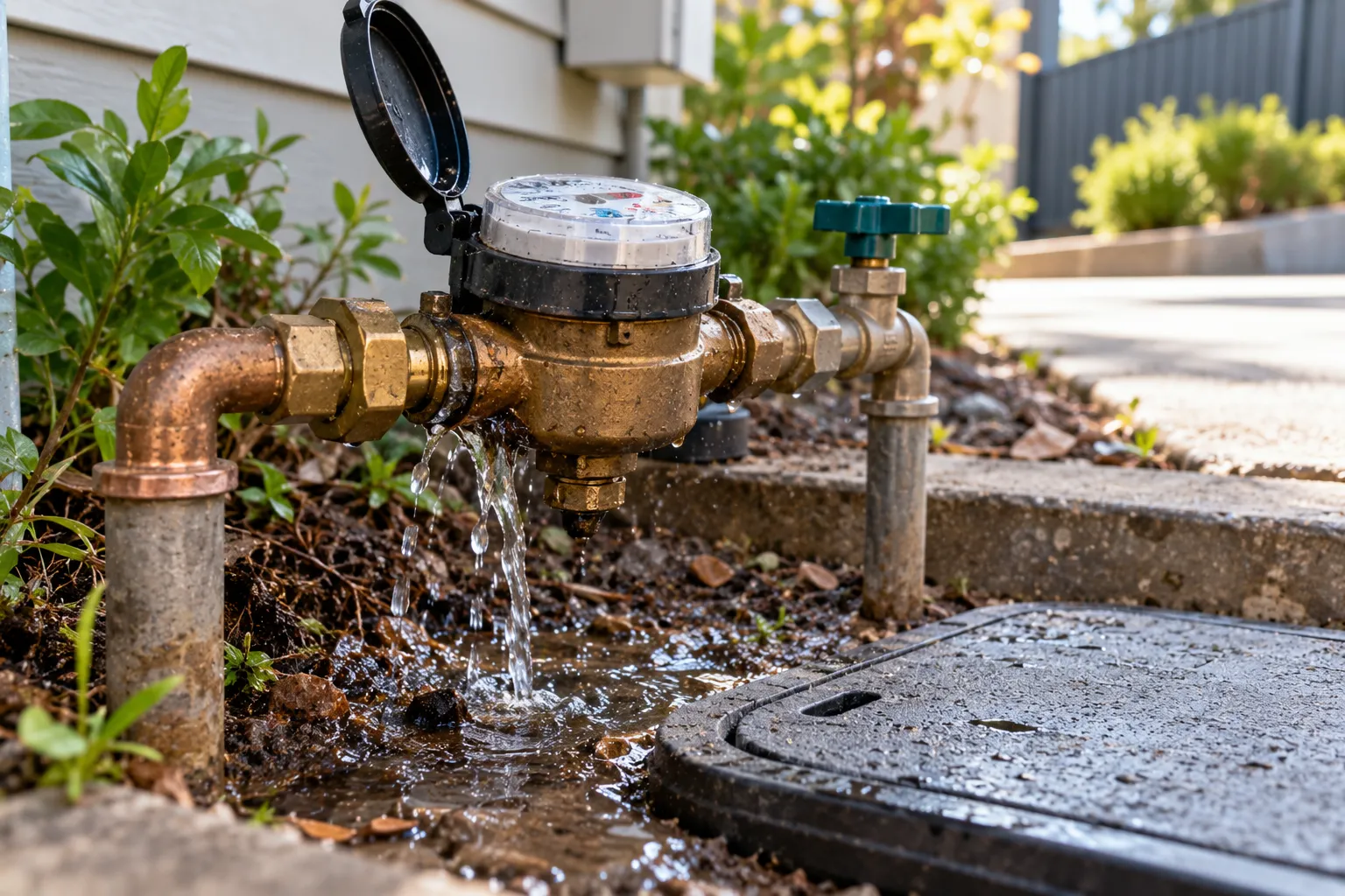 Water pooling inside an open residential water meter box on a Melbourne nature strip