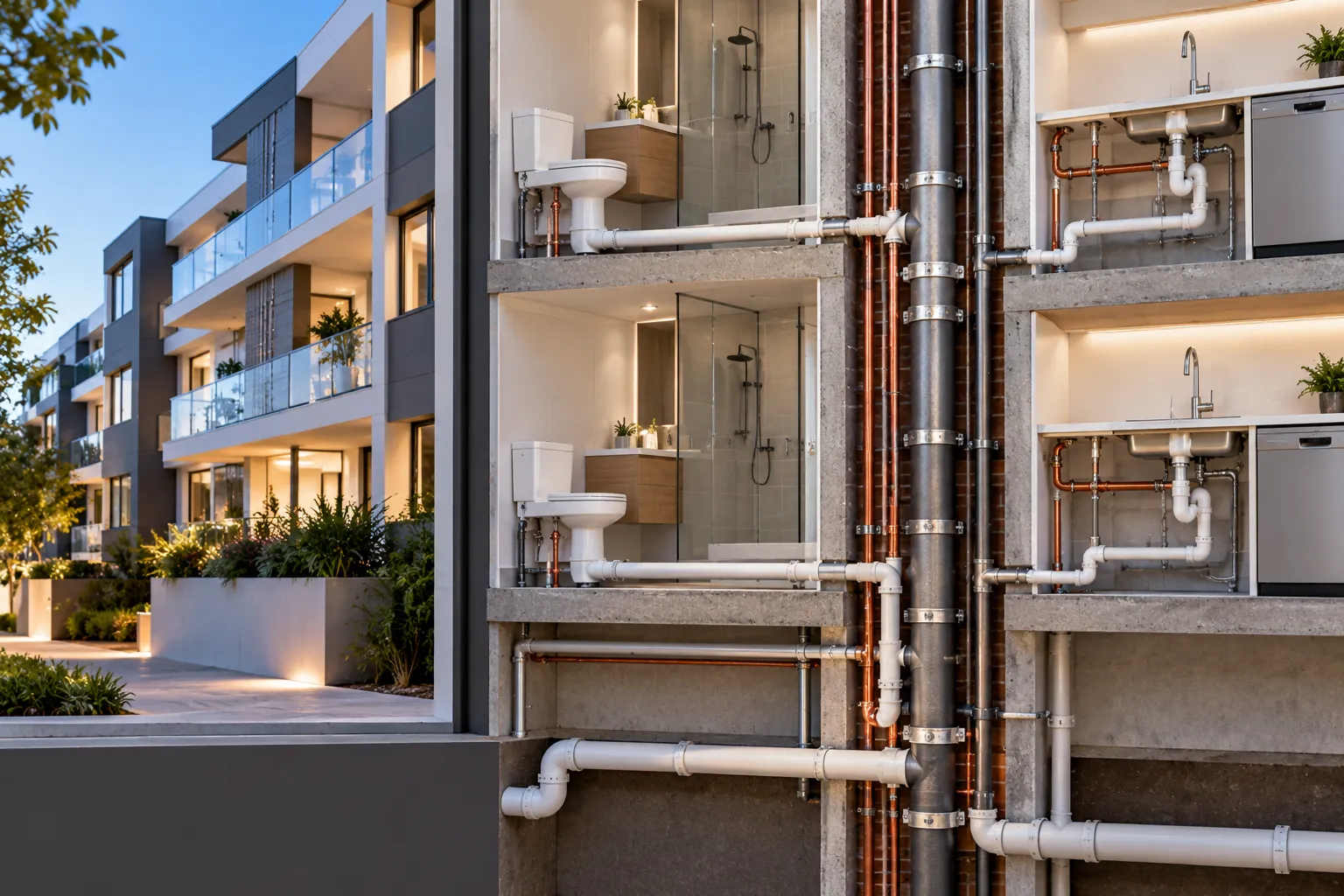 Plumbing riser and shared pipework inside a Melbourne apartment building service cupboard