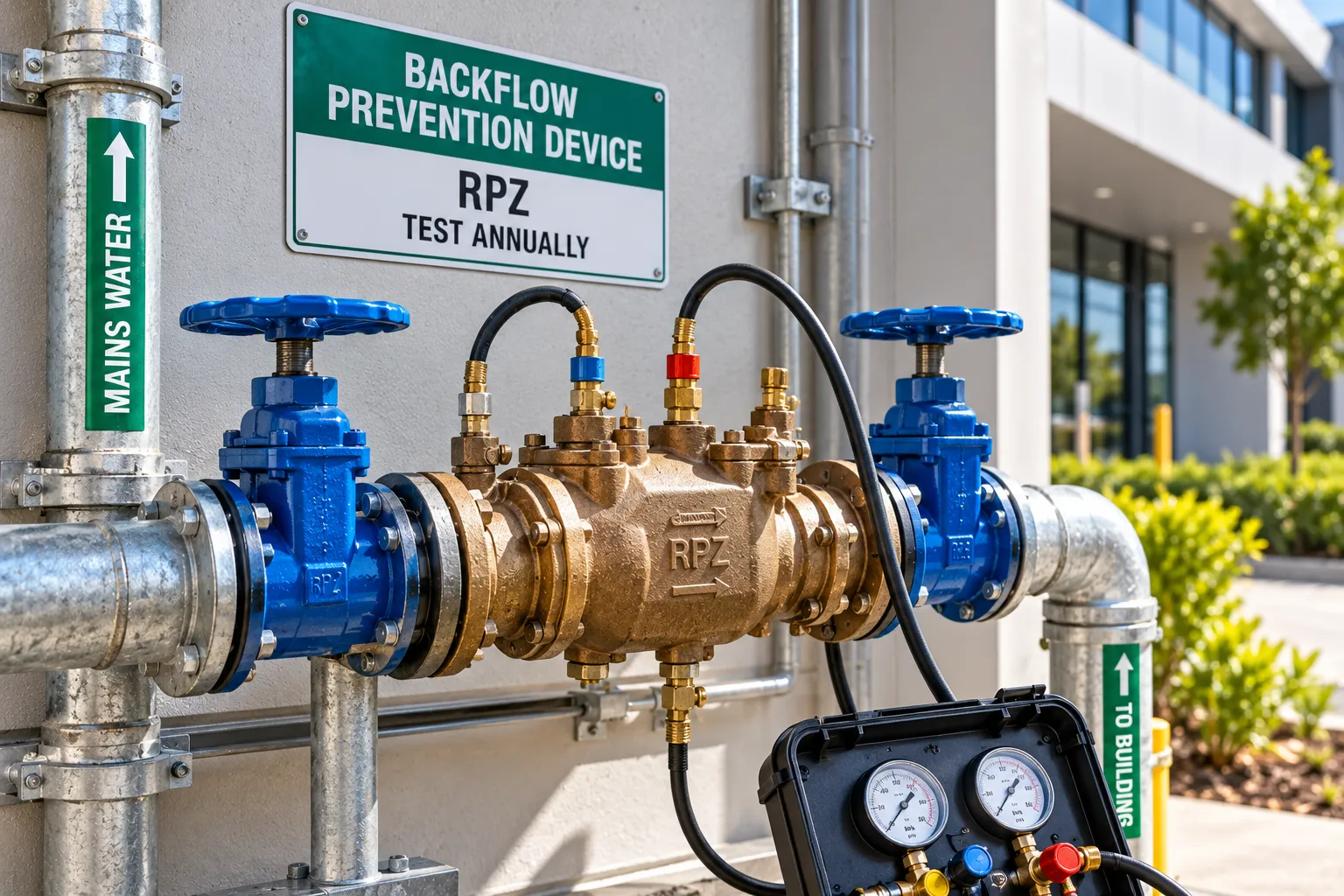 Reduced pressure zone backflow prevention device installed at the boundary of a Melbourne commercial property