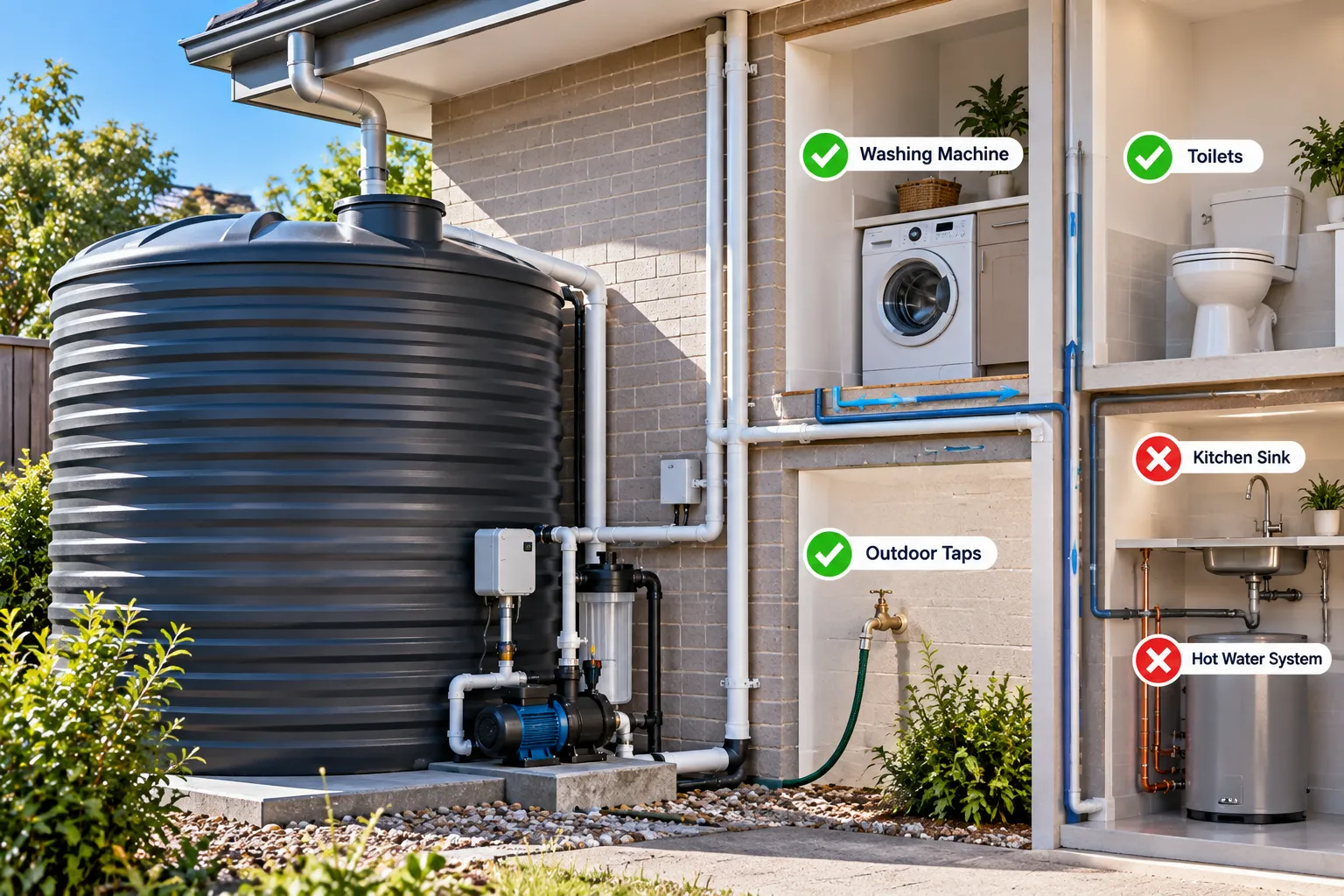 Rainwater tank beside a Melbourne home with pipework connected to the toilet and laundry supply