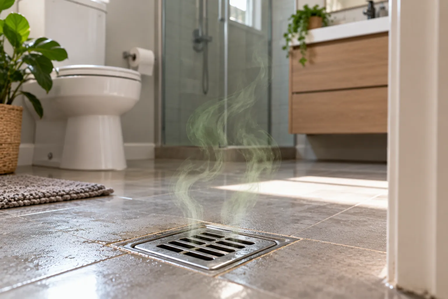 Melbourne homeowner covering their nose beside a bathroom floor drain giving off a sewer smell