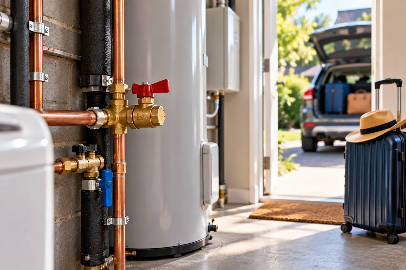 Homeowner closing the stop tap at a water meter before leaving a Melbourne home empty for summer