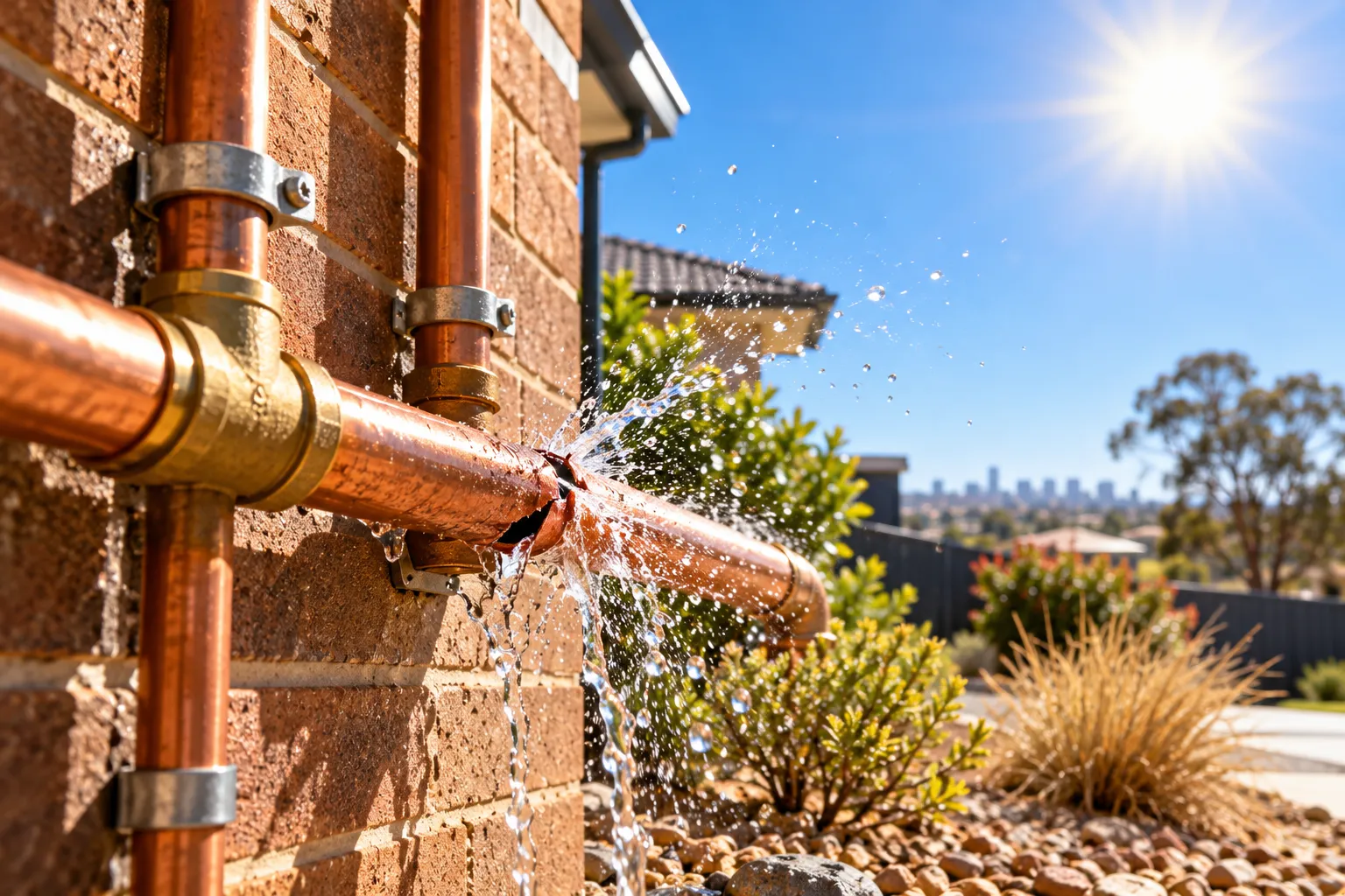 Burst pipes in a Melbourne front yard after hot, dry weather