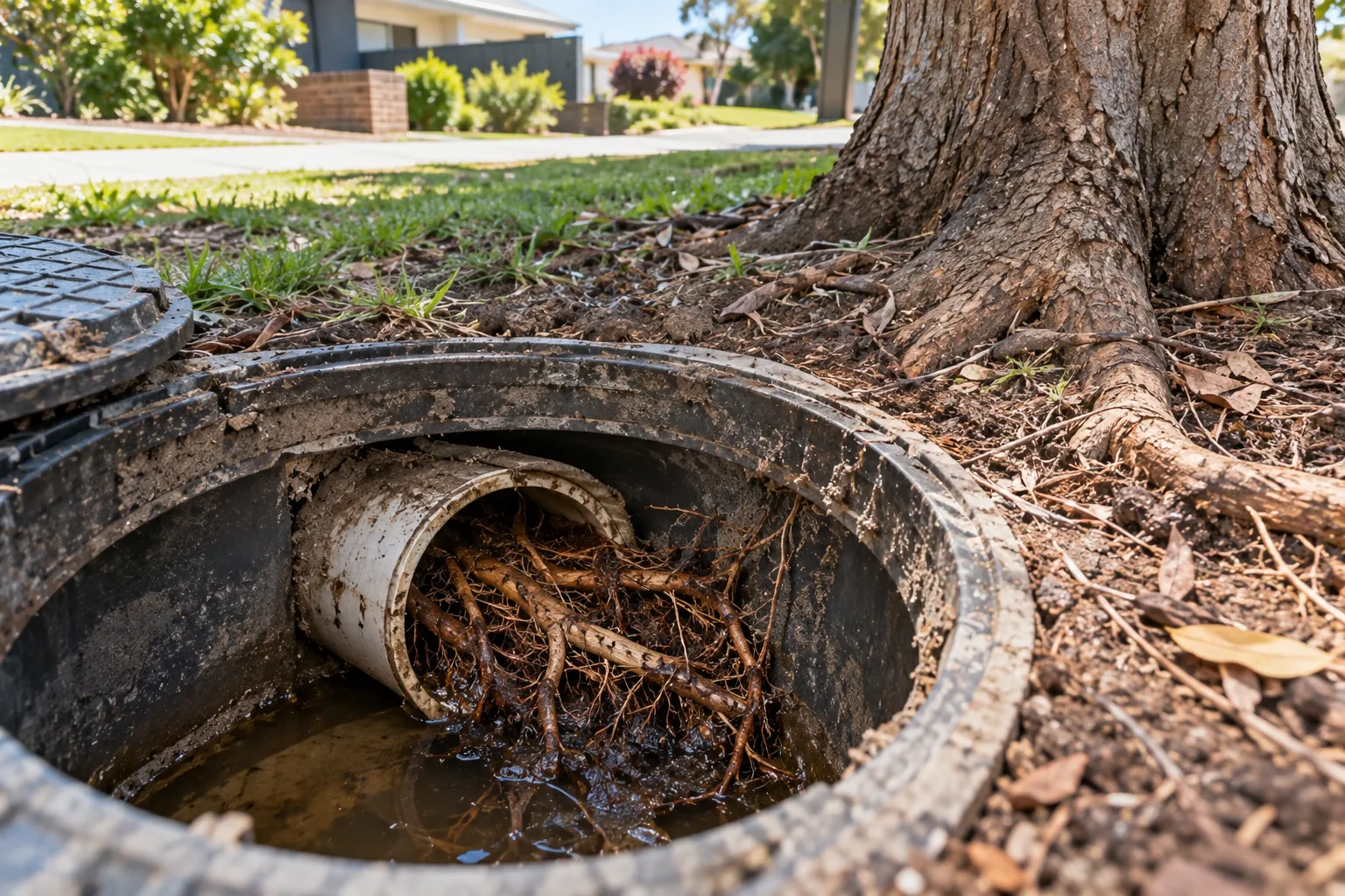 Tree roots in sewer pipes causing a blocked drain in a Melbourne home.